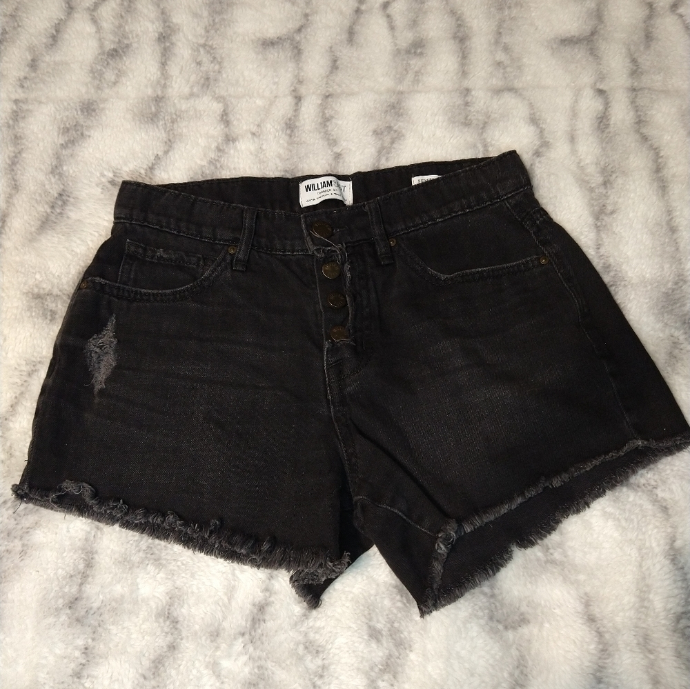William Rast Black High Rise Distressed Button Fly Shorts - Picture 2 of 8